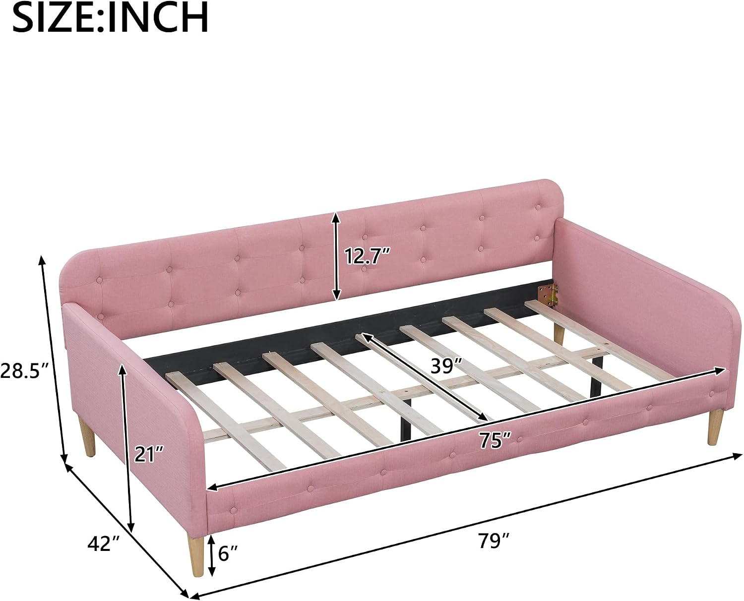 Merax 79' Twin Size Linen Upholstered Daybed with 4 Wood Legs, Pink
