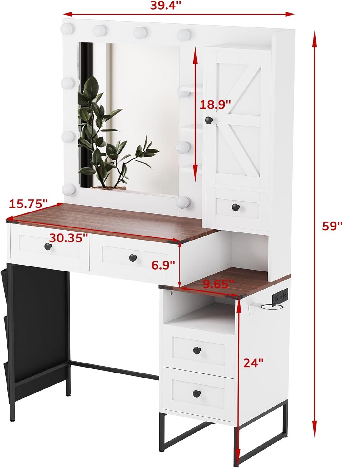 YIKEHOME 41' W Vanity Desk with Mirror, Makeup Vanity Set with Power Outlet and Comfortable Bench, Farmhouse Vanity for Bedroom Brown (006 Brown)