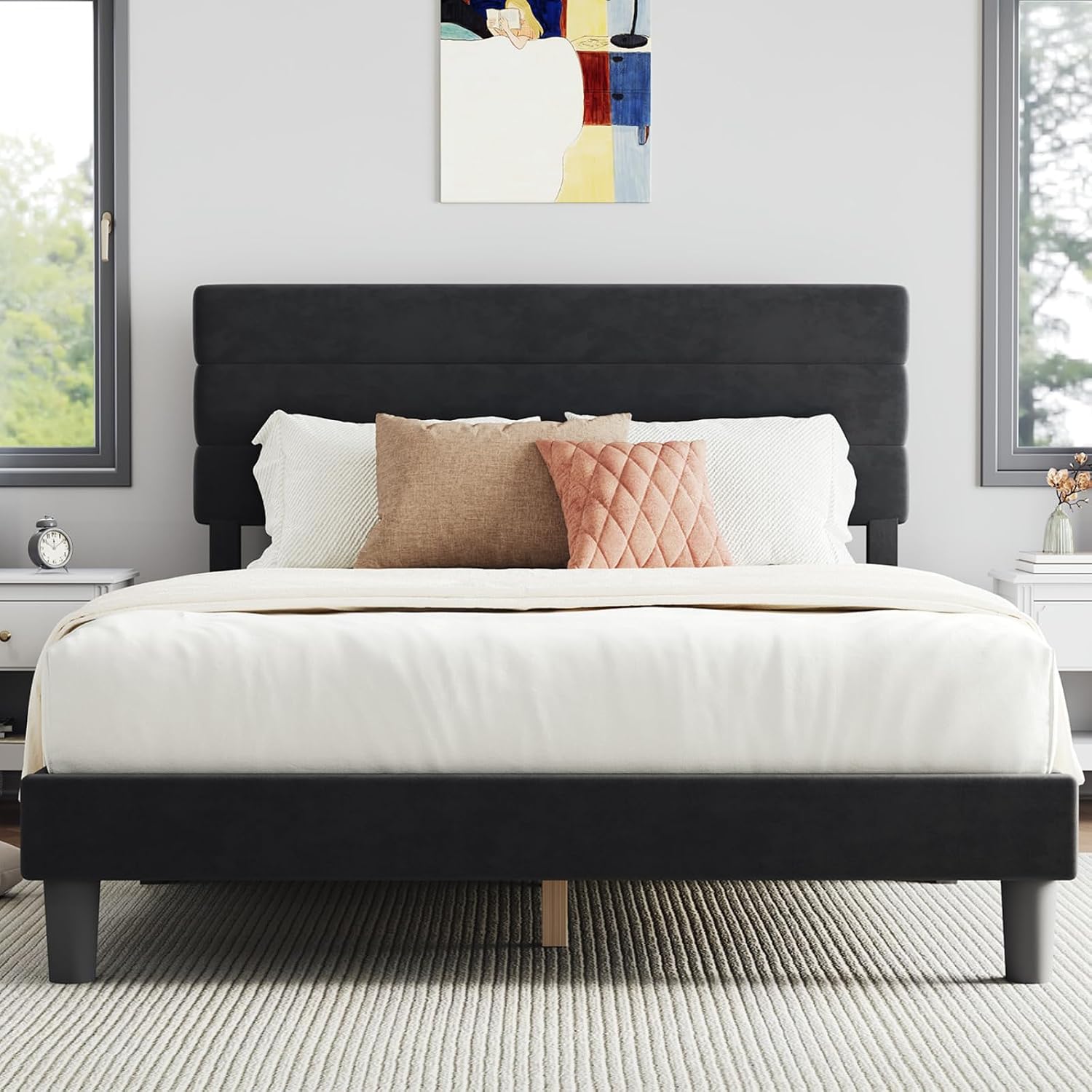 Novilla Queen Bed Frame, Queen Size Bed Frame with Wooden Slats Support, Velvet Upholstered Stripe Headboard, No Box Spring Needed, Heavy Duty Feet, Easy Assembly, Black Velvet