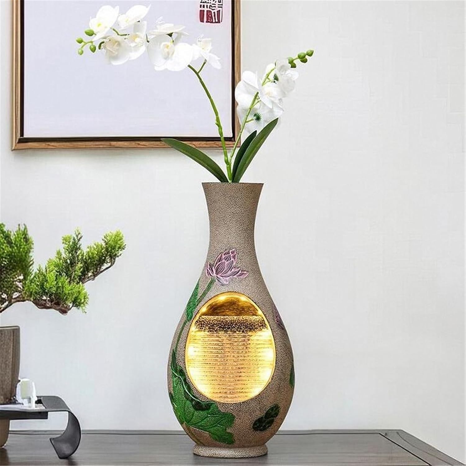 Tabletop Fountain Chinese Style Vase Water Fountain Ornaments Living Room Tea Room Circulating Waterscape Decoration(Beige)