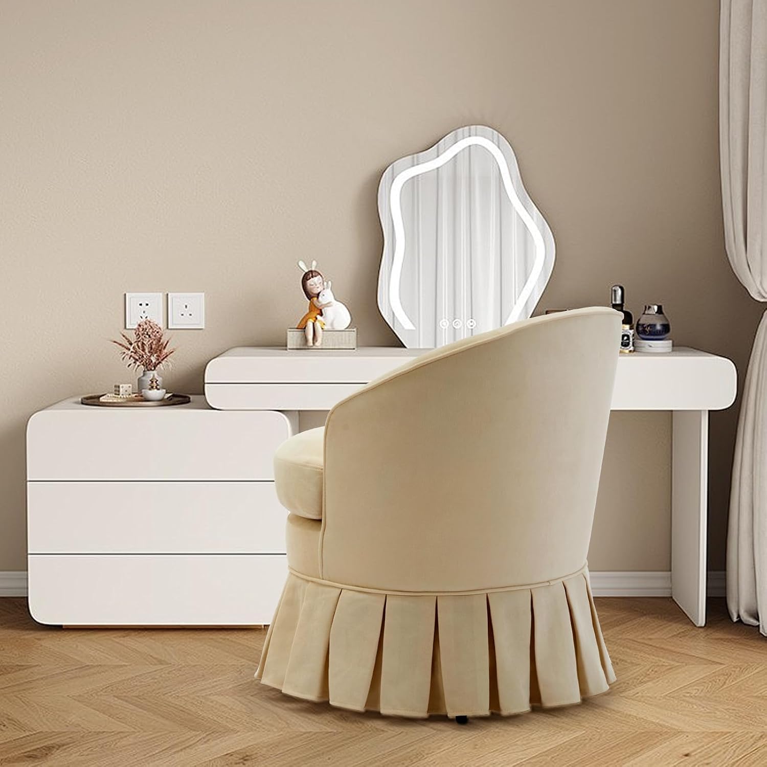 GarveeHome Vanity Stool, Upholstered Tall Back Arm Chair w/Side Pockets, Wood Legs Comfortable Dressing Piano Bench Chair for Vanity for Makeup Room, Bathroom