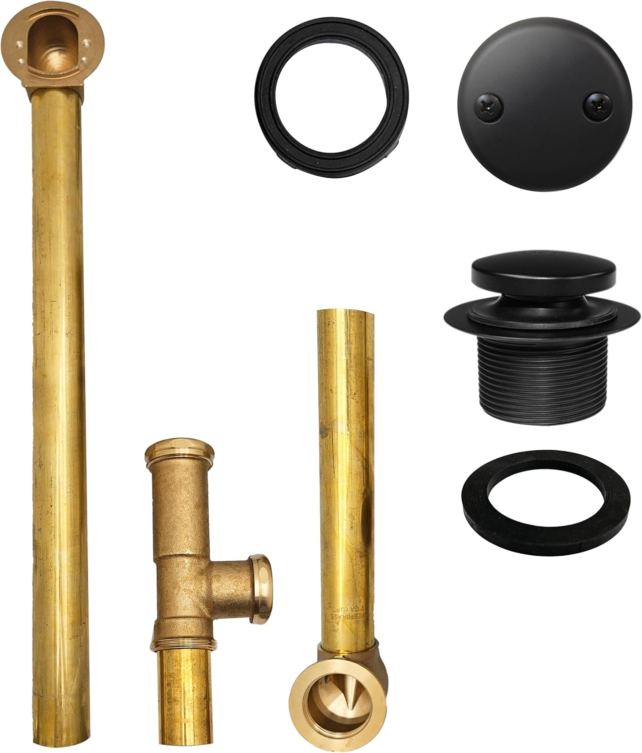Westbrass A326-62 22-1/2' Brass Bath Waste & Overflow Assembly with Tip-Toe Drain Plug and 2-Hole Faceplate, Matte Black