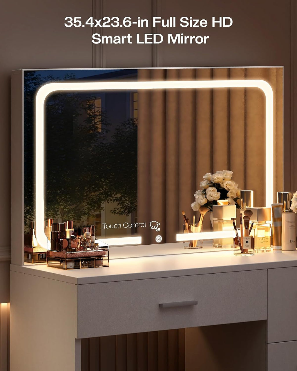LIVELYGLOW Makeup Vanity Desk with Charging Station & LED Mirror – 35.4' Vanity Set with 4 Drawers, 3 Lighting Modes – Modern Bedroom Furniture (15.7' D x 35.4' W x 53.9' H), White