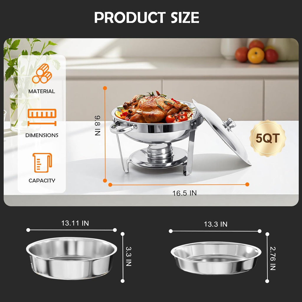 ALSO GO 4 Pack 5QT Round Chafing Dishes for Buffet, Stainless Steel Chafing Buffet Set with Food & Water Pan, Lid, Frame, Fuel Holder, Buffet Servers and Warmers for Catering Events Parties Dinners