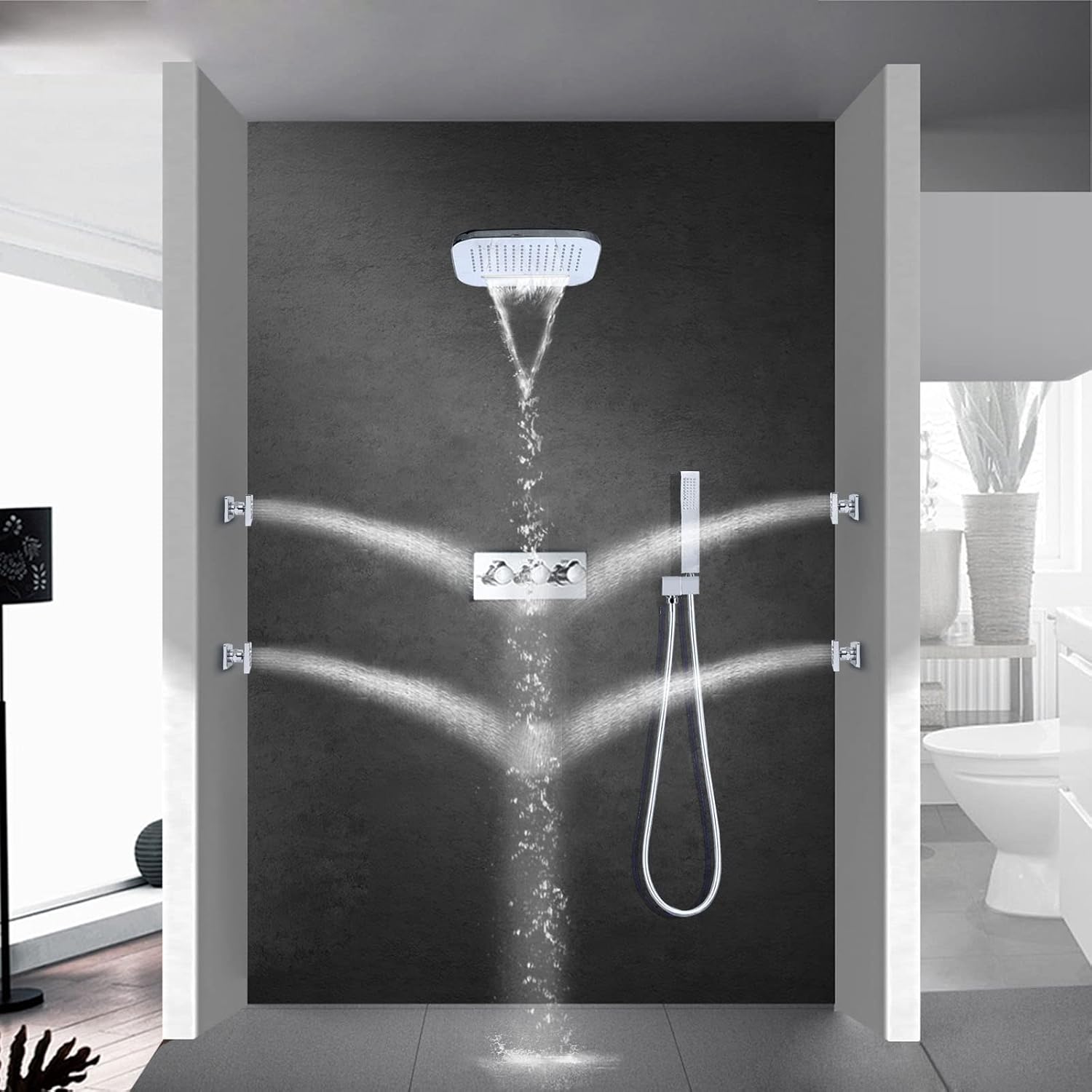 Chrome Polished Waterfall Rain Shower Head System Wall Mounted Brass Hotel Shower and Handheld Sprays Massage Spa Body Combo Set