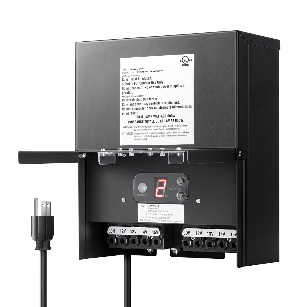 DEWENWILS 600W Low Voltage Landscape Transformer, Outdoor Weatherproof Transformer with Timer and Photocell Sensor, 120V AC to 12V/13V/14V/15V AC for LED Lighting, Walkway Light, cULus Listed