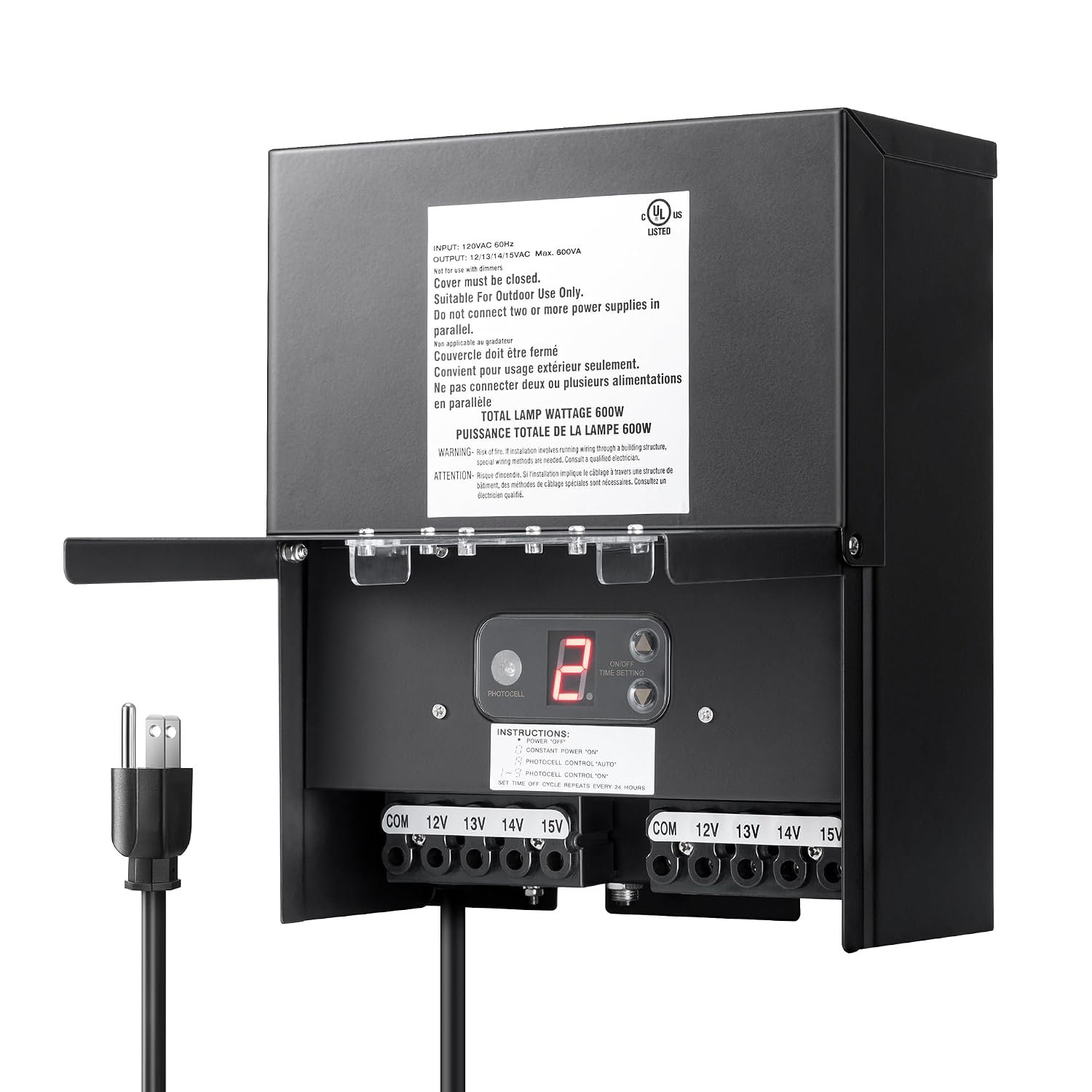 DEWENWILS 600W Low Voltage Landscape Transformer, Outdoor Weatherproof Transformer with Timer and Photocell Sensor, 120V AC to 12V/13V/14V/15V AC for LED Lighting, Walkway Light, cULus Listed
