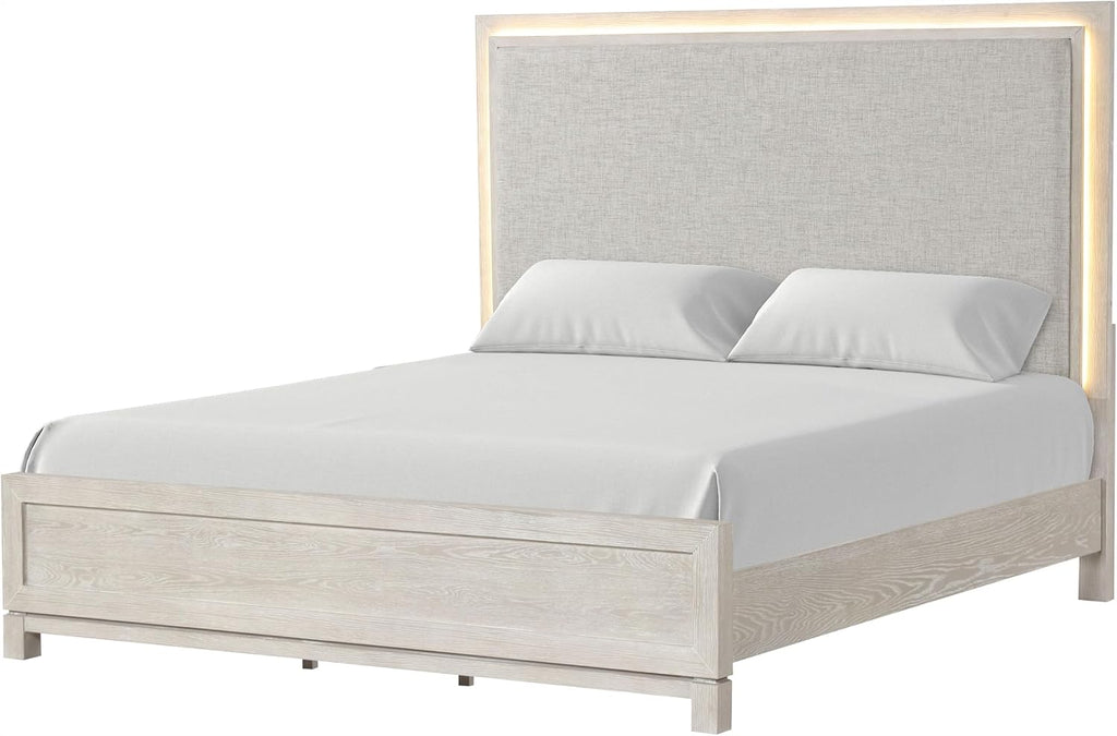 Furniture of America Bailer Modern Solid Wood 5-Piece Bedroom Set with LED on Headboard, Stainless Steal Posts and Marble Top on Nightstand, Box Spring Needed, King, Weathered Gray