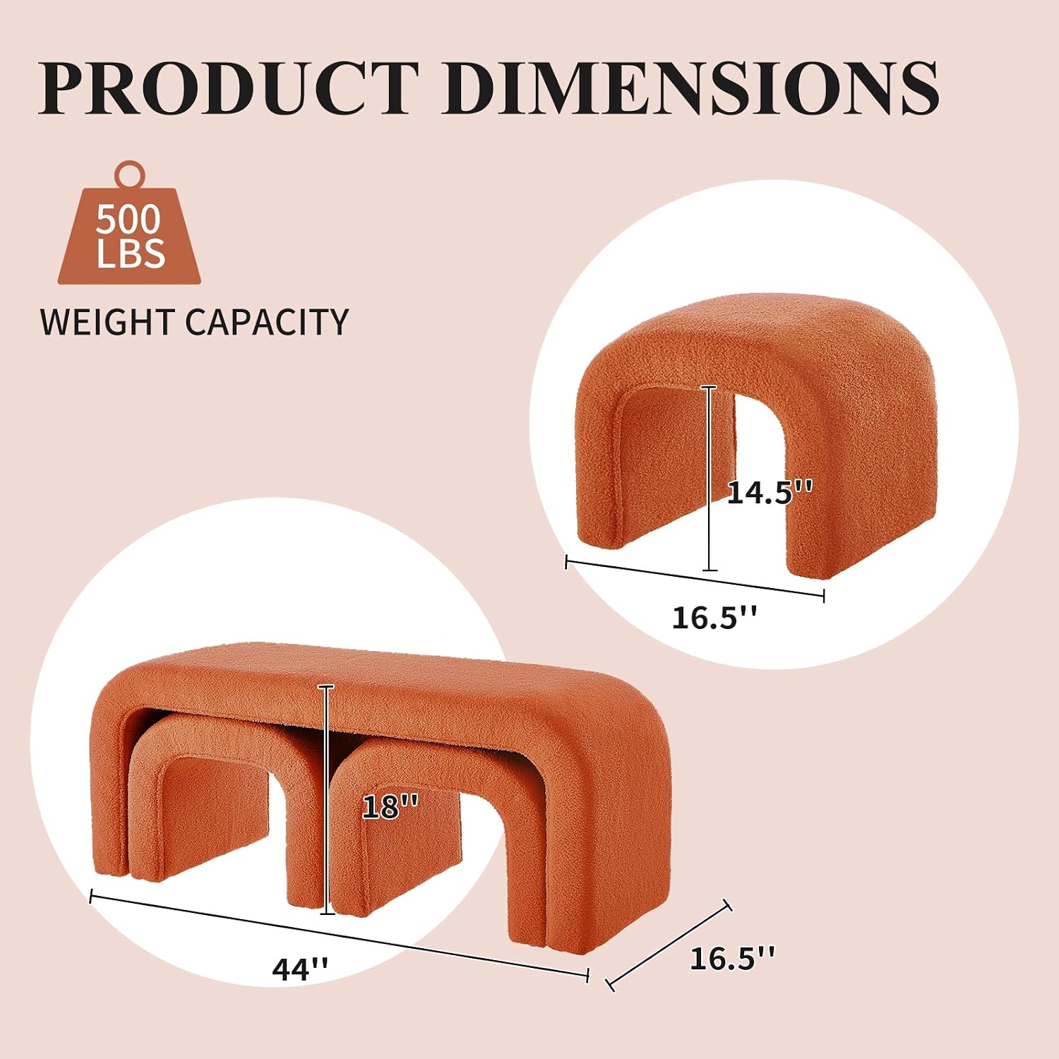 3-Piece Modern Ottoman Bench Set, 44' Wide Teddy Upholstered End of Bed Bench with 2 Foot Stools, Padded U-Shaped Entry Bench Vanity Stool for Living Room Bedroom (Orange)