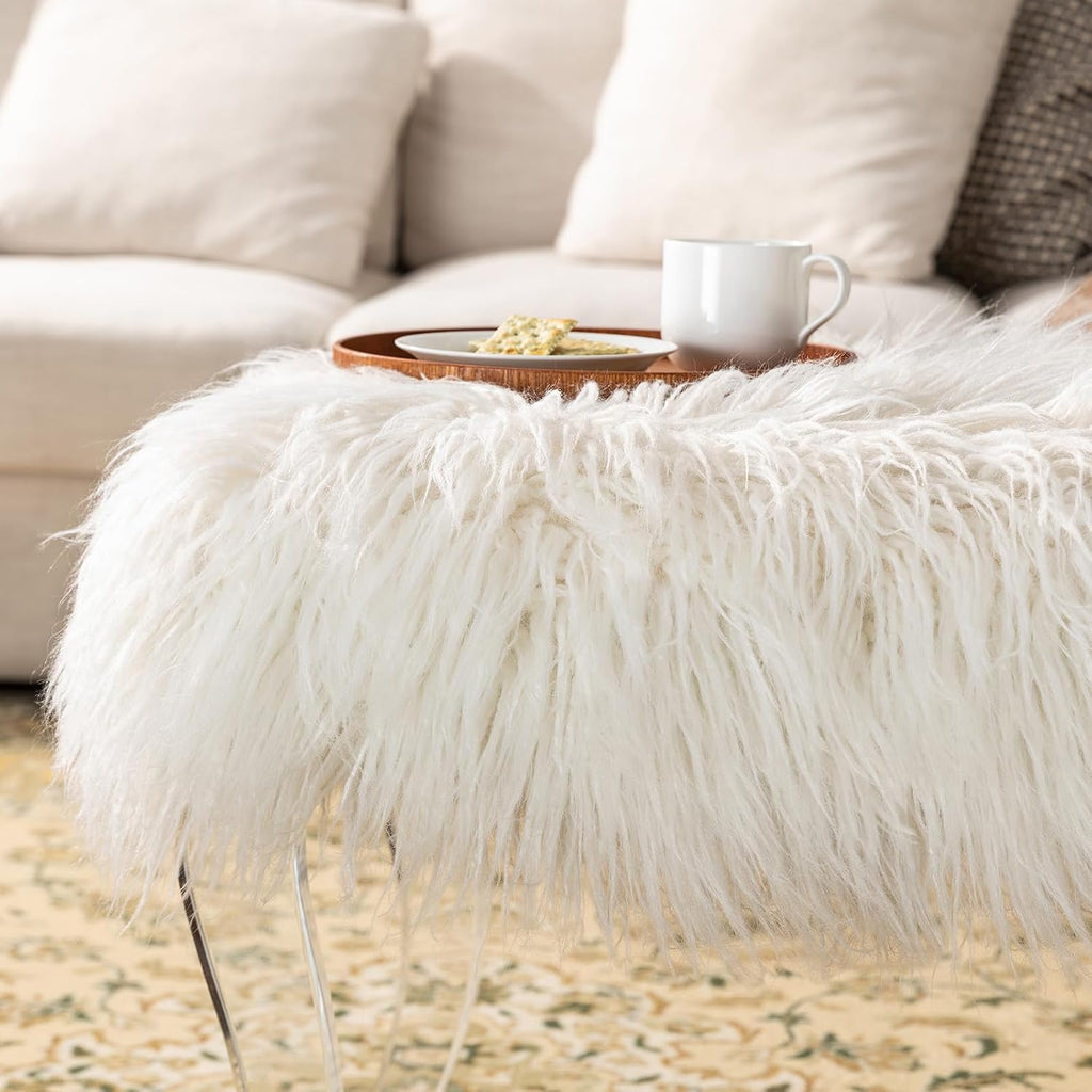 Glitzhome Ottoman Bench, White Faux Fur Ottoman Foot Rest, 24' L Modern Vanity Stool Chair with Acrylic Legs for Living Room Bedroom Entryway Makeup Bench End of Bed