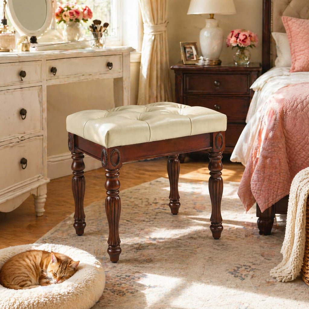 Vanity Bench Stool with Upholstered Seat, Piano Bench with Solid Wood Carving Legs, Home Chairs Button Padded Cushion, Makeup Dressing Bench, No-Tools Assembly, Cherry Walnut Leg & Beige FD1533BG