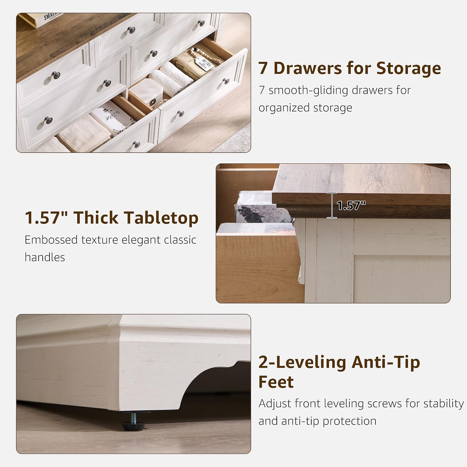 T4TREAM Farmhouse 7 Drawers Dresser for Bedroom, 54' Wide Wood Rustic Chest of Drawers w/Roman Column, Wooden Storage Dressers Organizer for Bedroom, Living Room, Closet, Antique White