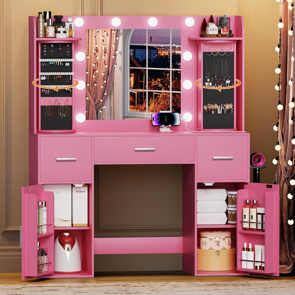 EasyCom Makeup Vanity Desk with Mirror and Lights, Vanity with Rotating Jewelry Organizers, Dressing Table with USB-C Charging Station, 3 Drawers and 2 Cabinets for Bedroom, Dressing Room, Pink