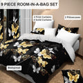 Luxury Golden Butterfly Queen Light Comforter Set, Elegant 9-Piece Bed in a Bag Queen Bedspread with Matching Curtains Ultra Soft & Breathable Black Gold Bedding, Chic All-Season Master Suite Decor