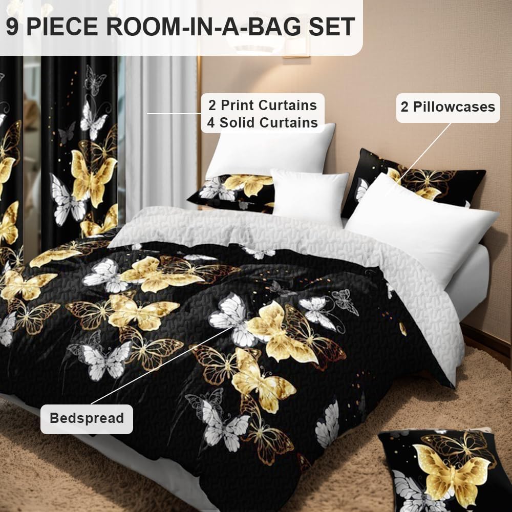 Luxury Golden Butterfly Twin Light Comforter Set, Elegant 9-Piece Bed in a Bag Twin Bedspread with Matching Curtains Ultra Soft & Breathable Black Gold Bedding, Chic All-Season Master Suite Decor