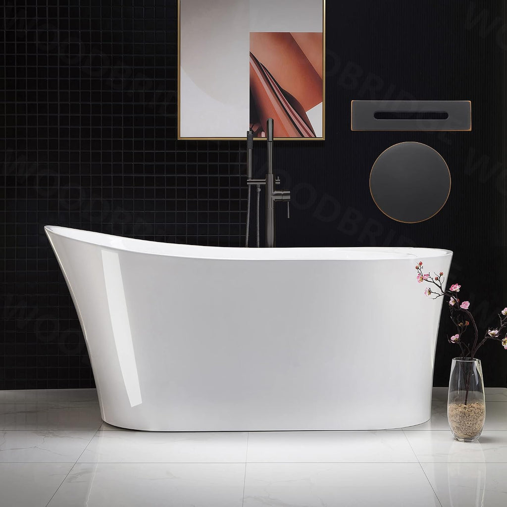 WOODBRIDGE 59' Acrylic Freestanding Bathtub Contemporary Soaking White Tub with Oil Rubbed Bronze Overflow and Drain，B0083-ORB-Drain&O