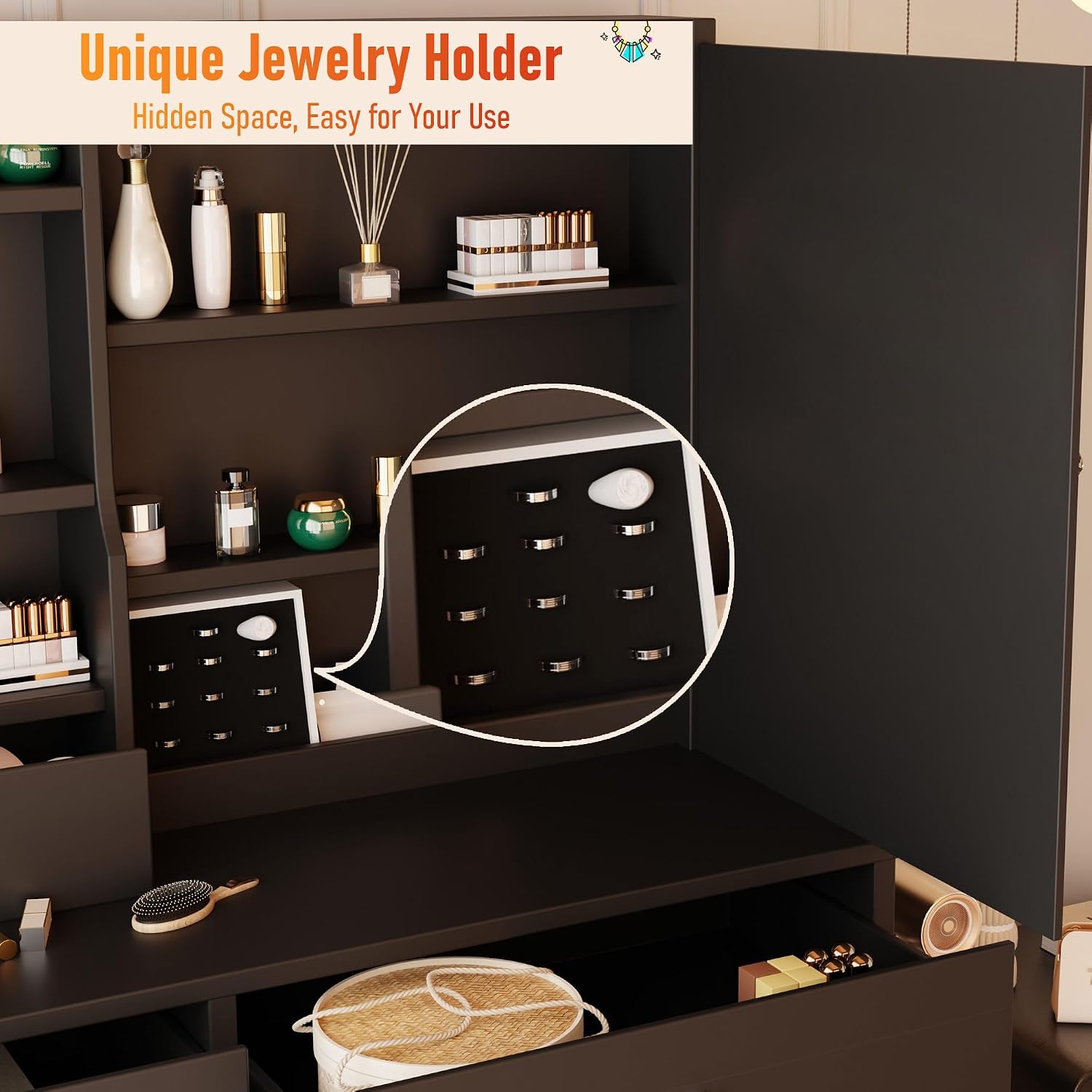 DYHOME Makeup Vanity Desk with LED Lights Mirror 3 Adjustable Modes and Power Outlets, Vanity Table with 6 Drawers Dresser and Bench, Makeup Desk for Bedroom Dressing Room, Black