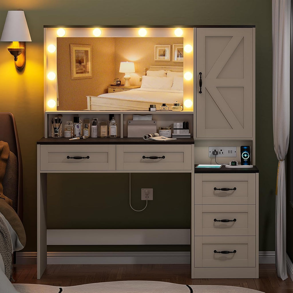 Farmhouse Vanity Desk with Mirror and 10 Led Lights, 45.3 ' Large Makeup Vanity Table with Power Outlet, 5 Drawers and 1 cabinet, Vanity Set Dressing Table with 9 Hooks for Women Girls (White+Black)