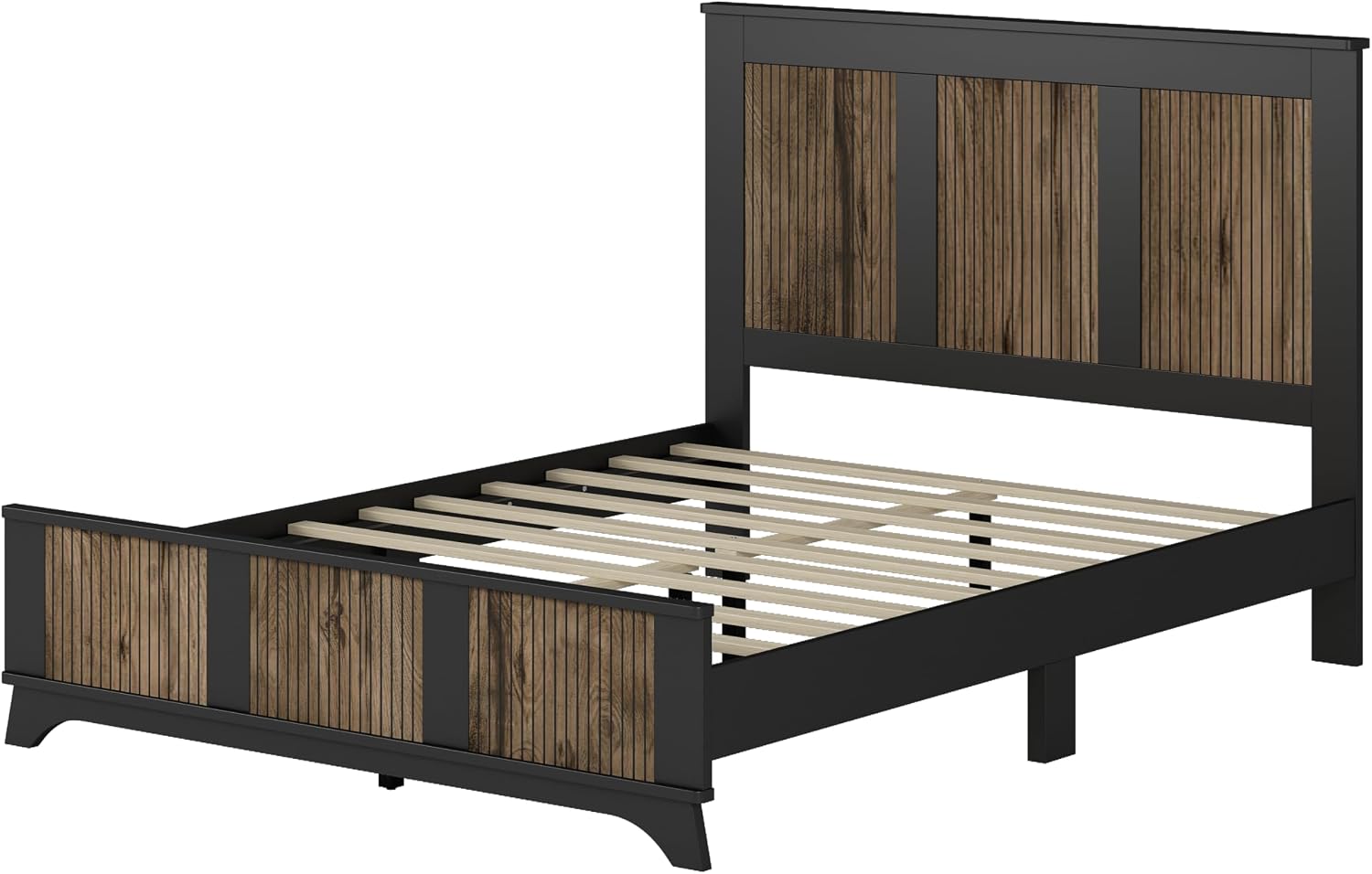 JIJIWANG 4-Pieces Bedroom Sets, Queen Size Farmhouse Platform Bed with Wooden Strip Stickers Decoration, Storage Nightstand and Dresser with Metal Handle, Black
