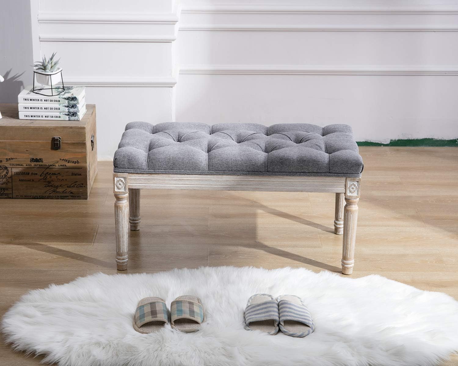 Kmax Tufted Entryway Bench, Upholstered Rustic Ottoman Bench, 31.5' x 15.75' x 15.7' Gray