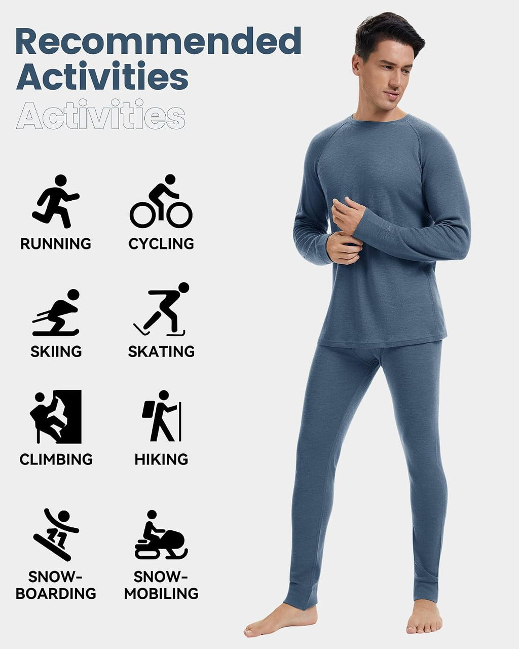 Men's 100% Merino Wool Base Layer Sets - Lightweight Thermal Underwear Gifts Pack with Wool Beanie