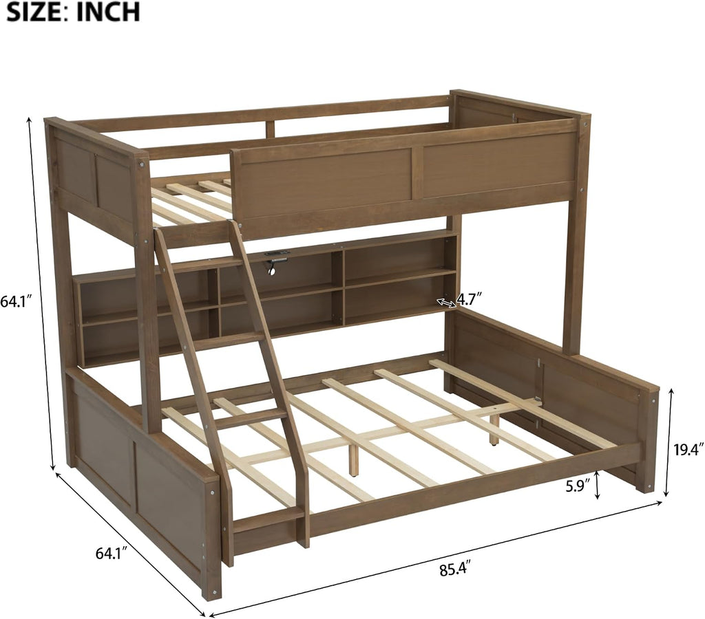 RUNNA Twin XL Over Queen Bunk Bed with Storage Cabinets and USB Ports, Solid Pine Wood Frame, Safety Guard Rails, No Box Spring Needed (Wood1, Twin XL Over Queen)