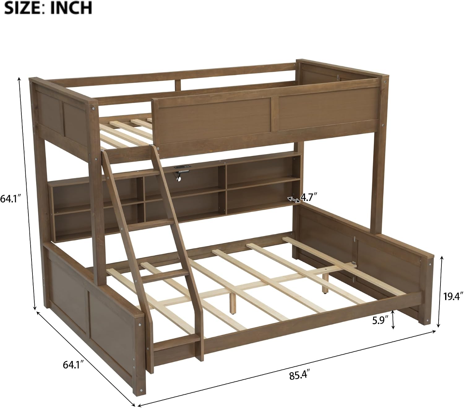 RUNNA Twin XL Over Queen Bunk Bed with Storage Cabinets and USB Ports, Solid Pine Wood Frame, Safety Guard Rails, No Box Spring Needed (Wood1, Twin XL Over Queen)