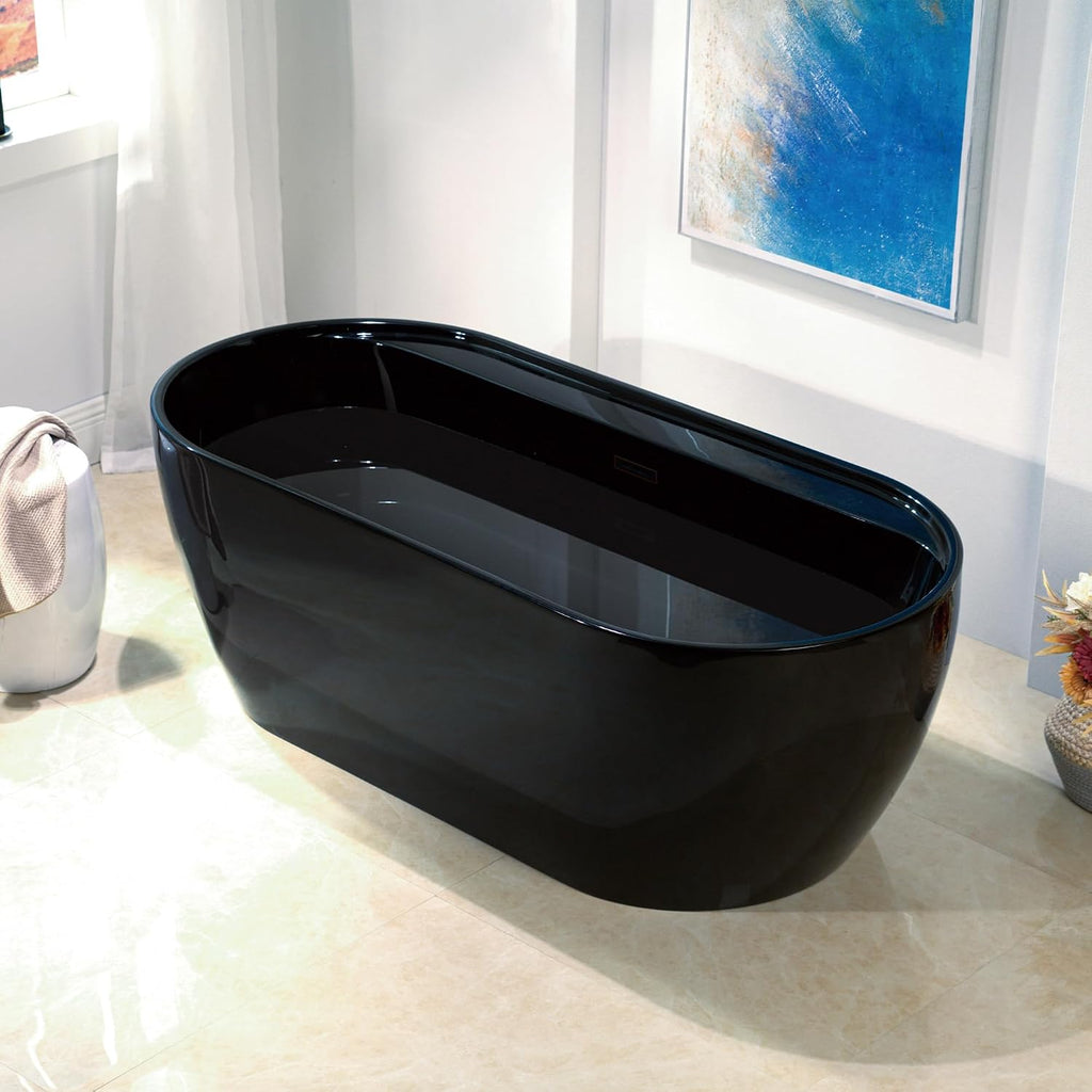 WOODBRIDGE 67' L x 31-1/2' W Freestanding Contemporary Acrylic Soaking Bathtub in Glossy Black Inside and Outside with Oil-Rubbed Bronze Drain & Overflow,B8863-ORB