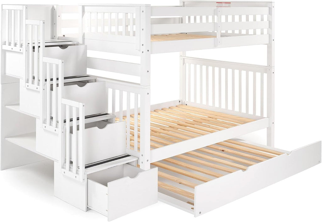 Bedz King Stairway Bunk Beds Full Over Full, 4 Step Drawers, Twin Trundle, White