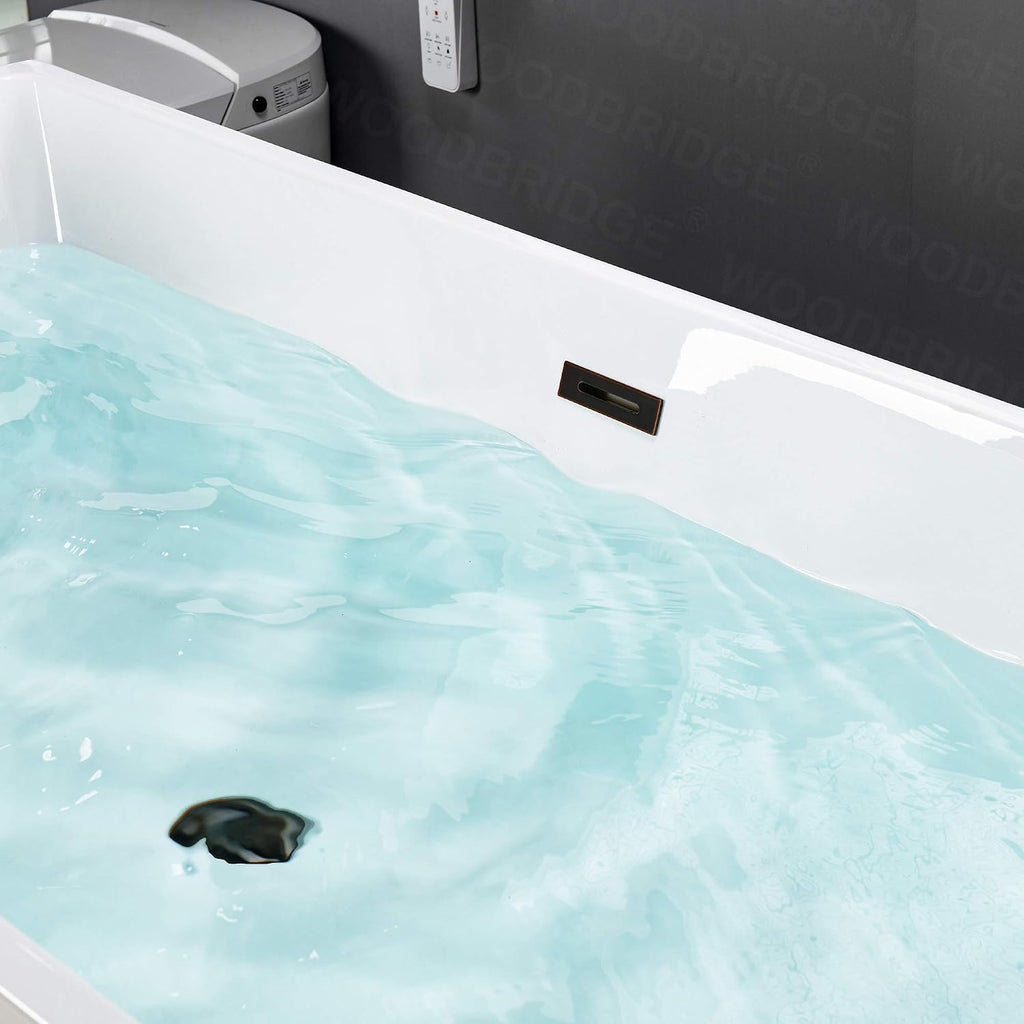 WOODBRIDGE 67' Acrylic Freestanding Bathtub Contemporary Soaking White Tub with Oil Rubbed Bronze Overflow and Drain，BTA1512-ORB-Drain&O