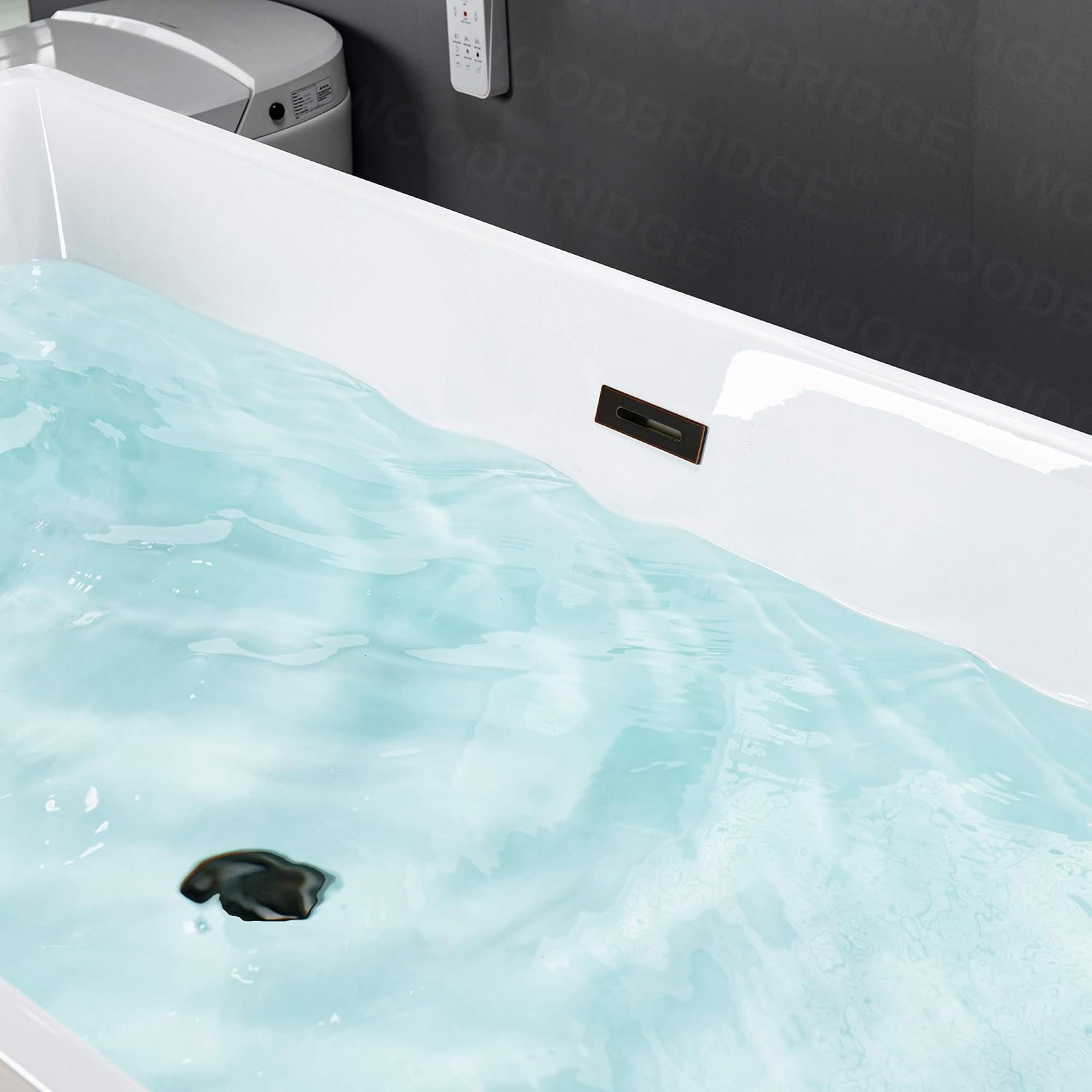 WOODBRIDGE 67' Acrylic Freestanding Bathtub Contemporary Soaking White Tub with Oil Rubbed Bronze Overflow and Drain，BTA1512-ORB-Drain&O