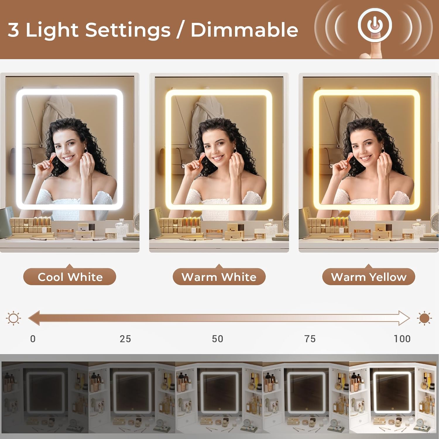 HAUOMS Vanity Desk with Mirror Lights, Storage Bench & Power Outlet, Corner Vanities with Rotating Cabinet & Drawers, 42.5' L Shaped Vanity Set, 3 Light Settings, for Women Girls, Modern White
