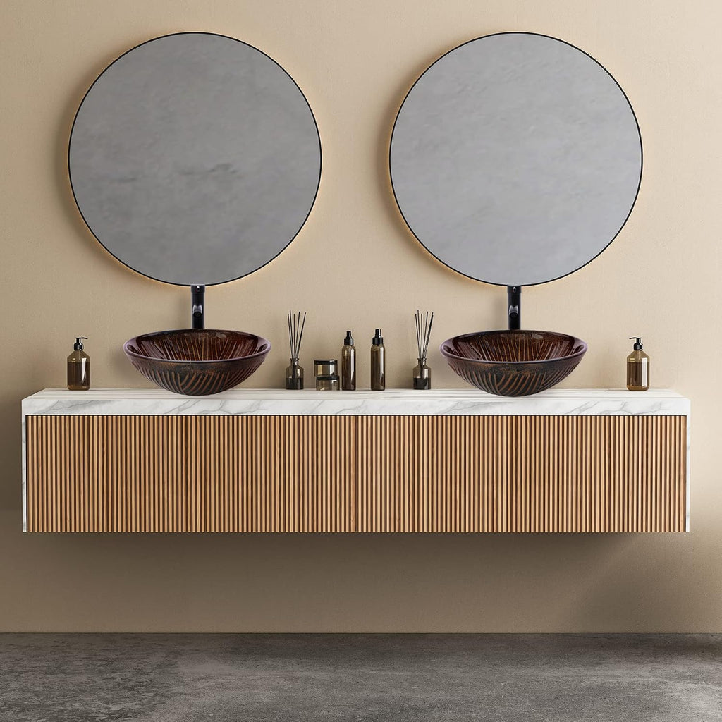 Vessel Sink 16.5' Bathroom Sinks Tempered Glass Brown Art Basin Round Bowl with Faucet Combo, Tree Streak Pattern,Modern Countertop Bowl Sink
