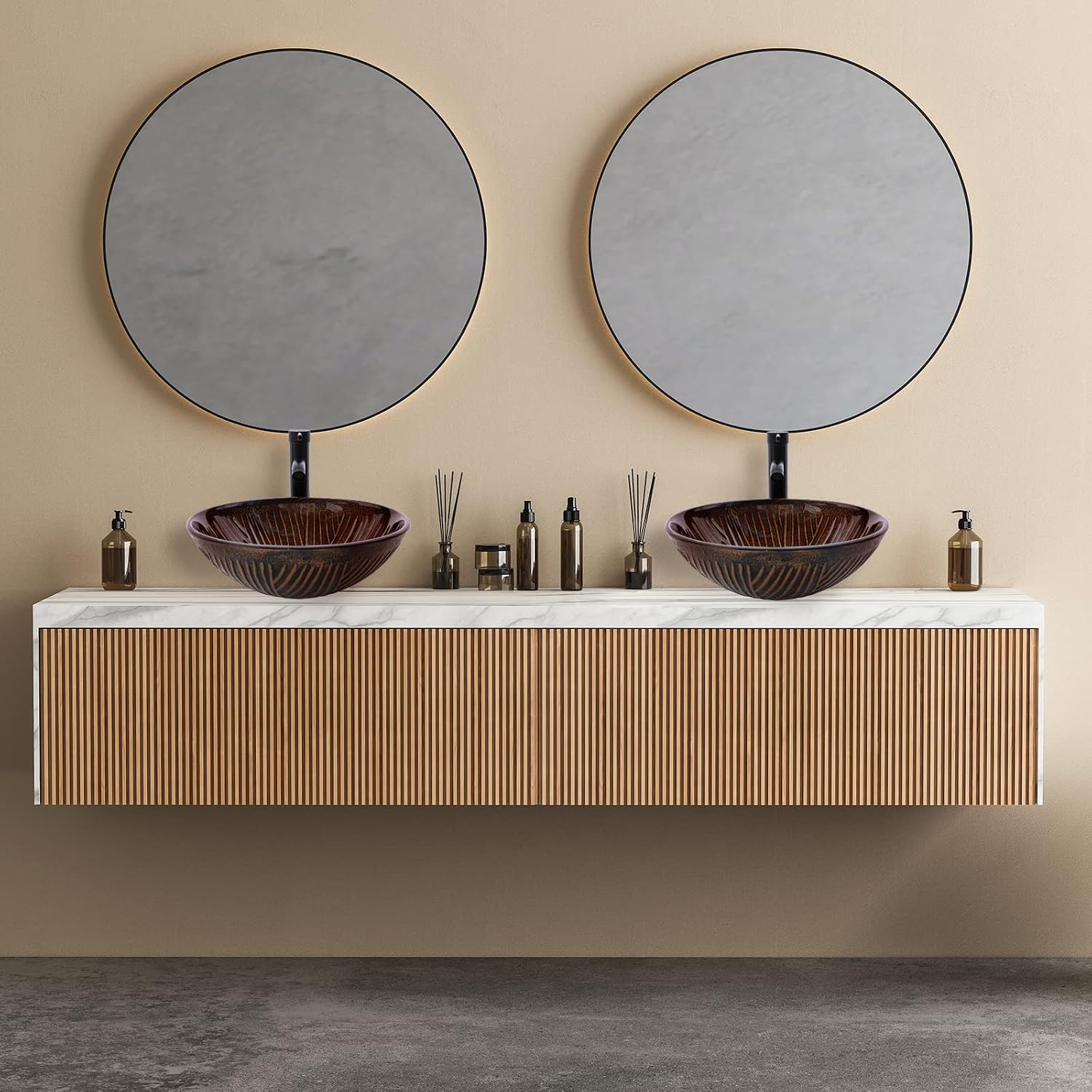 Vessel Sink 16.5' Bathroom Sinks Tempered Glass Brown Art Basin Round Bowl with Faucet Combo, Tree Streak Pattern,Modern Countertop Bowl Sink