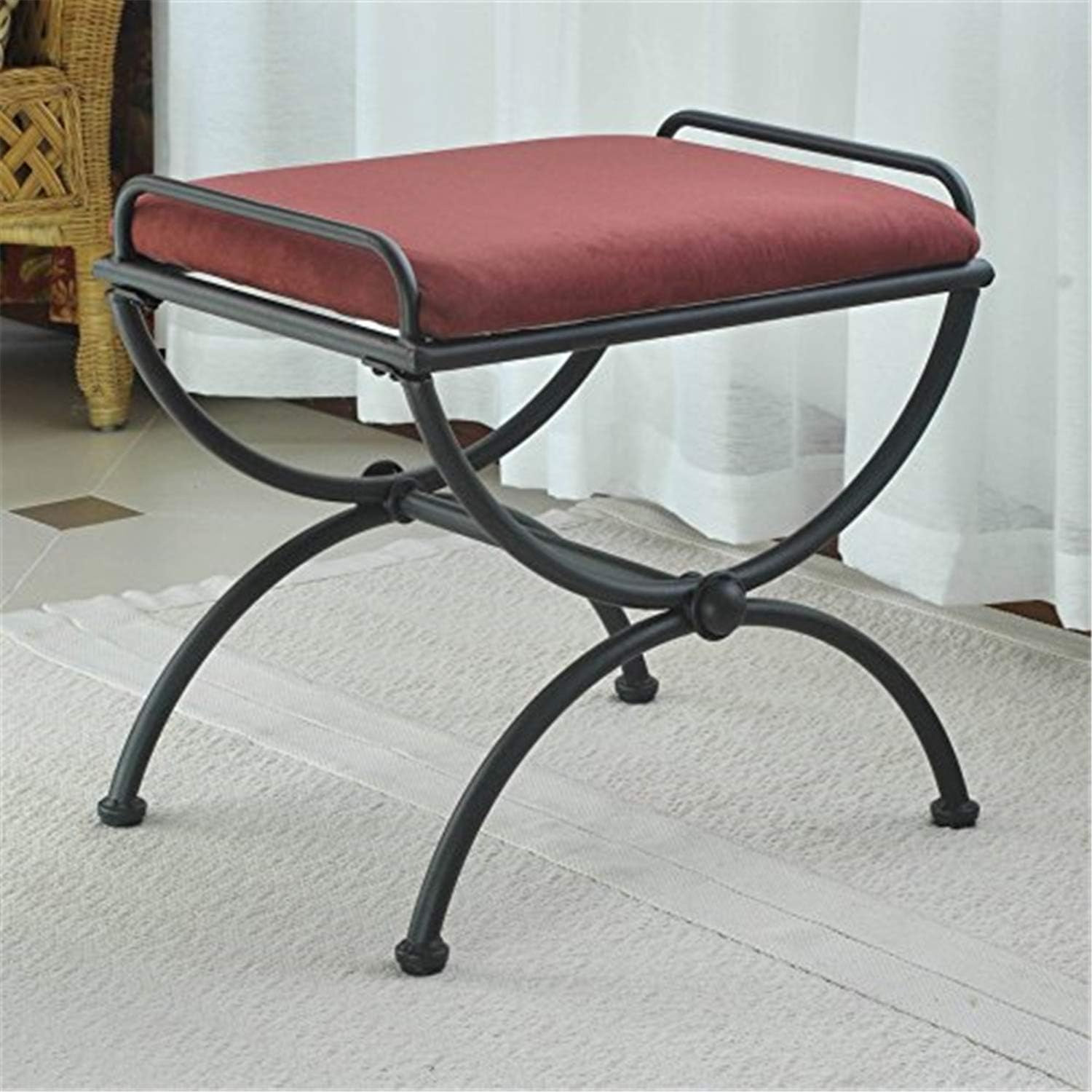 International Caravan Iron Vanity Stool with Microsuede Cushion, Red Wine