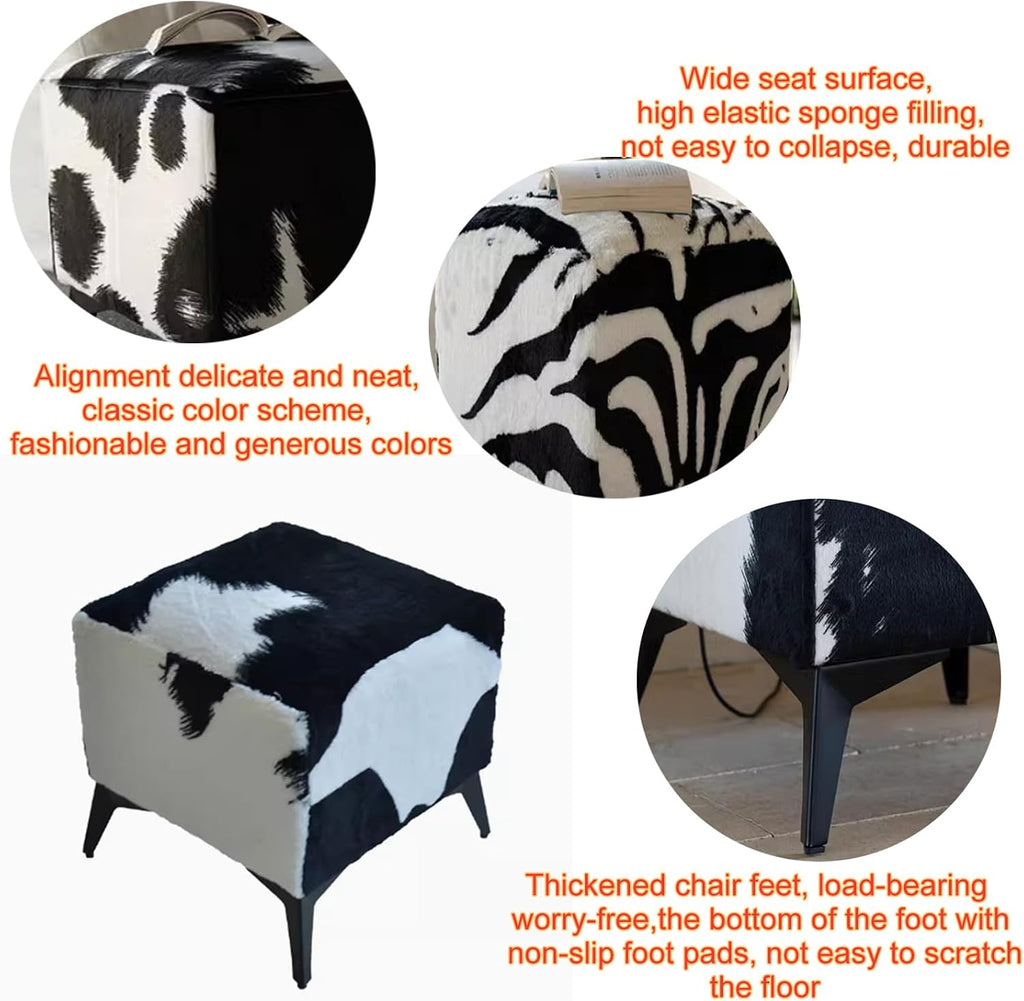 Square Footstool Ottoman,Vanity Stool Chair with Metal Leg,Furry Faux Cowhide Shoe Changing Bench for Vanity Entryway Bathroom Living Room Bedroom(17.3 * 15.7 * 15.7inch, Zebra)