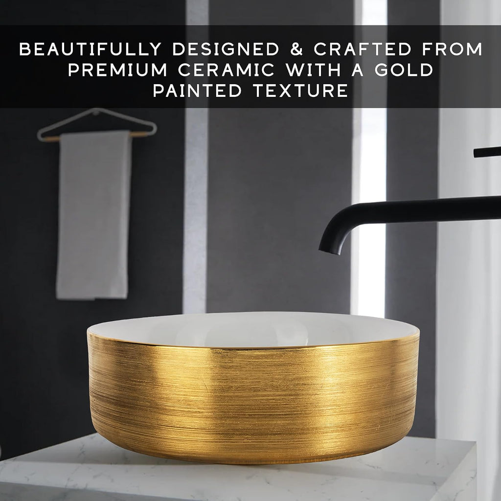 Strictly Sinks Round Gold Ceramic Luxury Vessel Sink - Modern Ceramic Countertop Bathroom Sink – Easy to Install Above Counter Luxurious Bathroom Vessel Sink