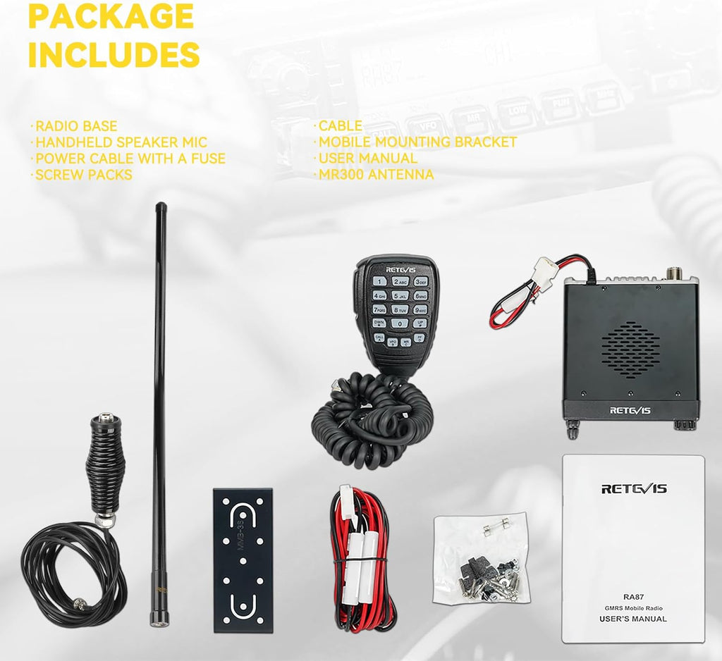 Retevis GMRS Radio Communication Solutions, RA87 Mobile Two Way Radio, Long Range Transceiver for Off-Road(1 Pack) with MR300 GMRS Mobile Radio Antenna(1 Pack)