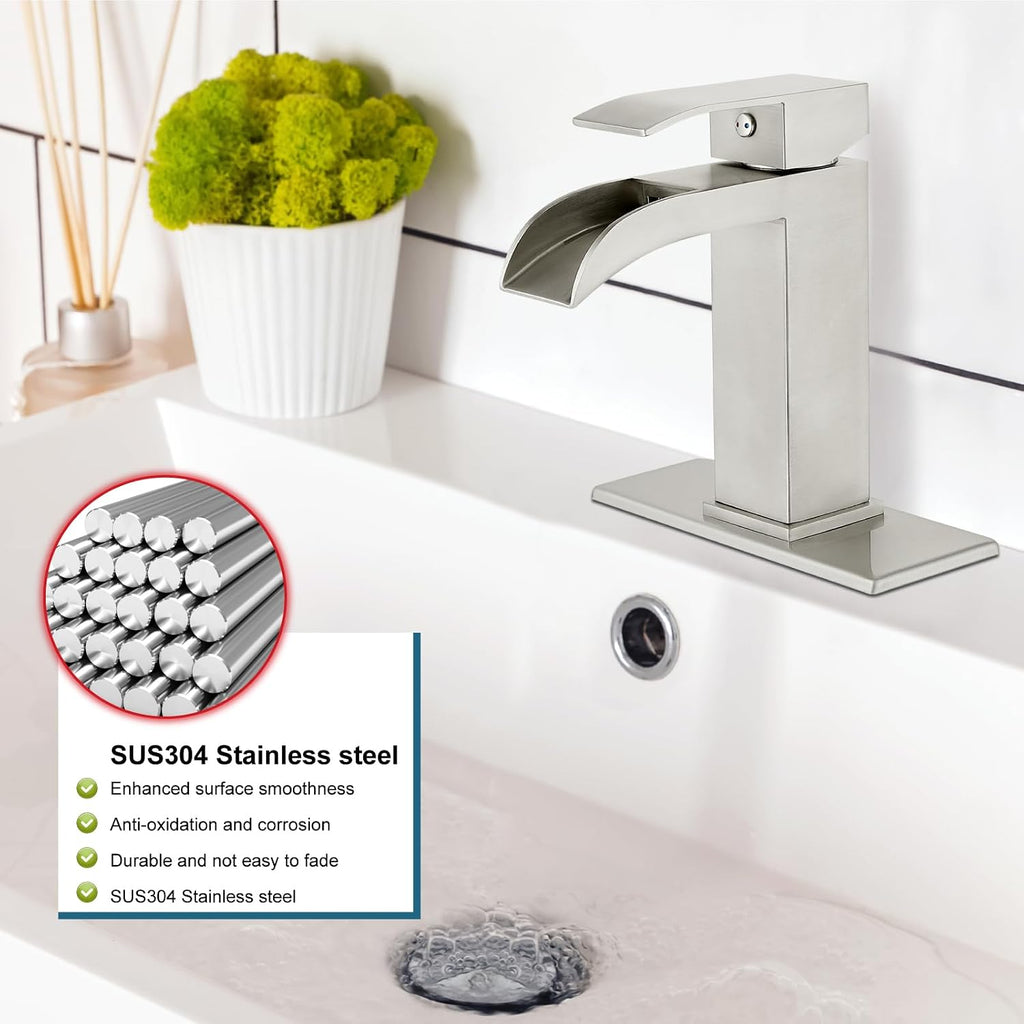 Midanya Brushed Nickel Single Handle Slotted Waterfall Vanity Bathroom Sink Faucets with 8 Inch Brushed Nickel Rain Shower System Tub Shower Faucet Set Square Waterfall Tub Spout