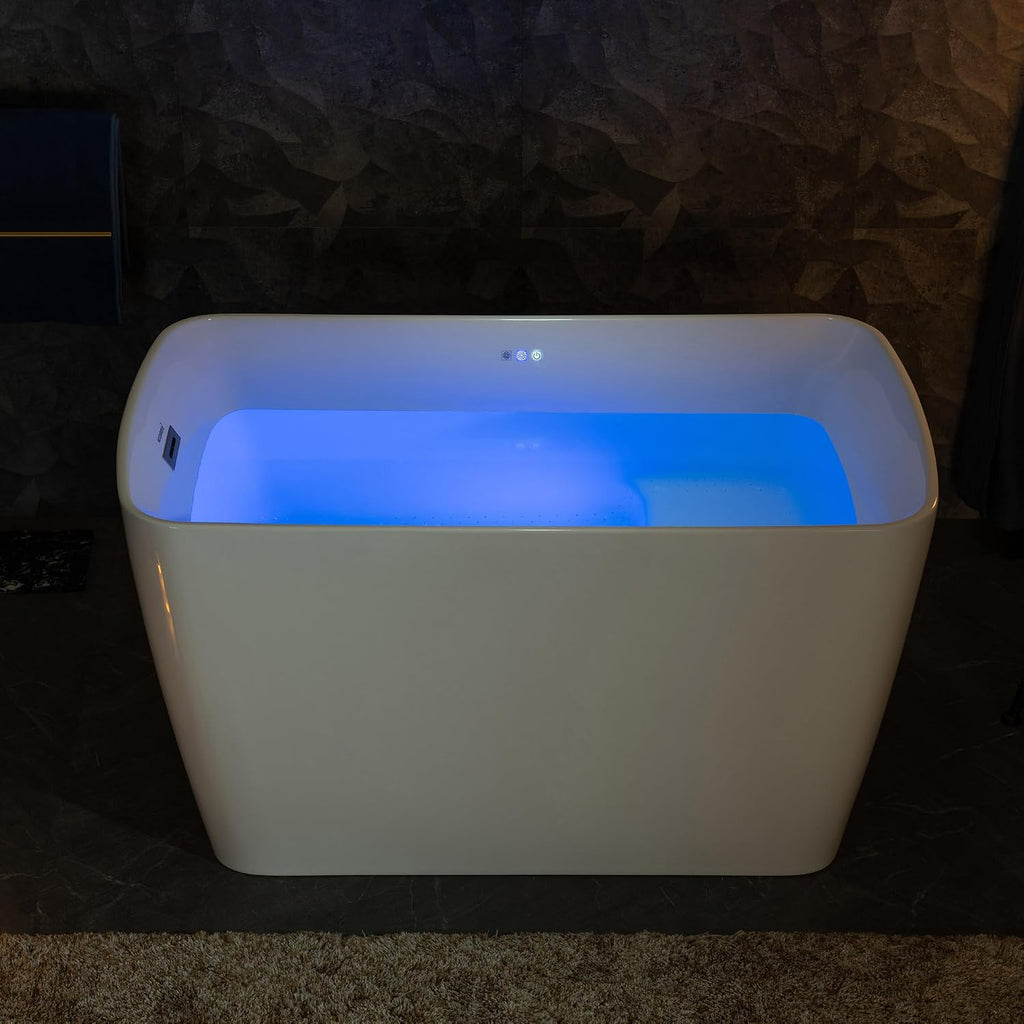 WOODBRIDGE 48' Acrylic Freestanding Rectangular Air Bath Bathtub with Pre-molded Seat and Brushed Nickel Pop-Up Drain and Overflow Option, White, B0170-B