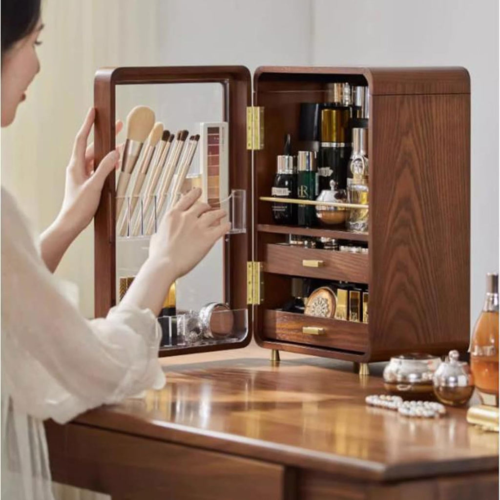 Makeup Organizer Solid Wood Makeup Storage Organizer Box Cabinet，Cosmetics storage display rack with Doors and Drawers，Dustproof, Elegant Display Cabinet，Suitable for Bathroom Countertop, Bedroom Dres