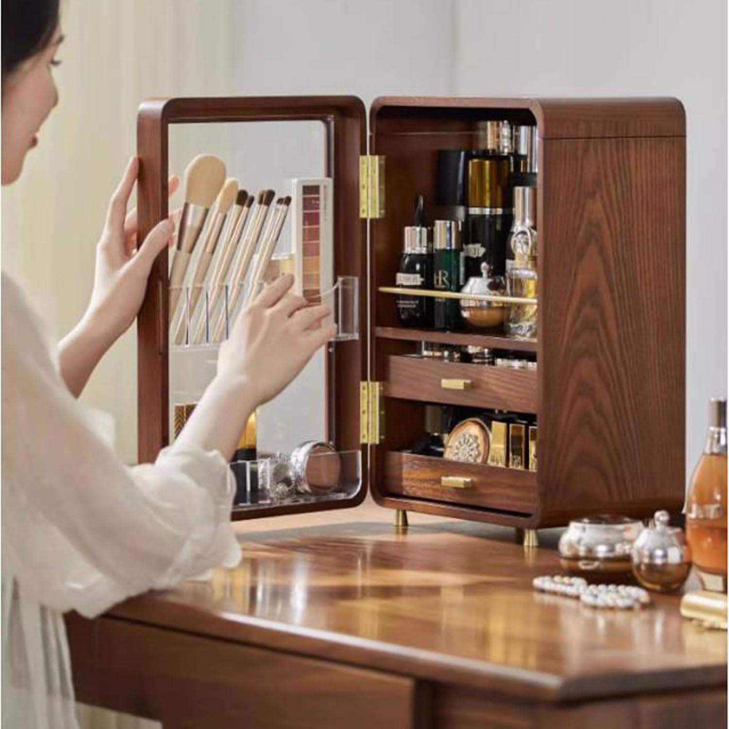 Makeup Organizer Solid Wood Makeup Storage Organizer Box Cabinet，Cosmetics storage display rack with Doors and Drawers，Dustproof, Elegant Display Cabinet，Suitable for Bathroom Countertop, Bedroom Dres