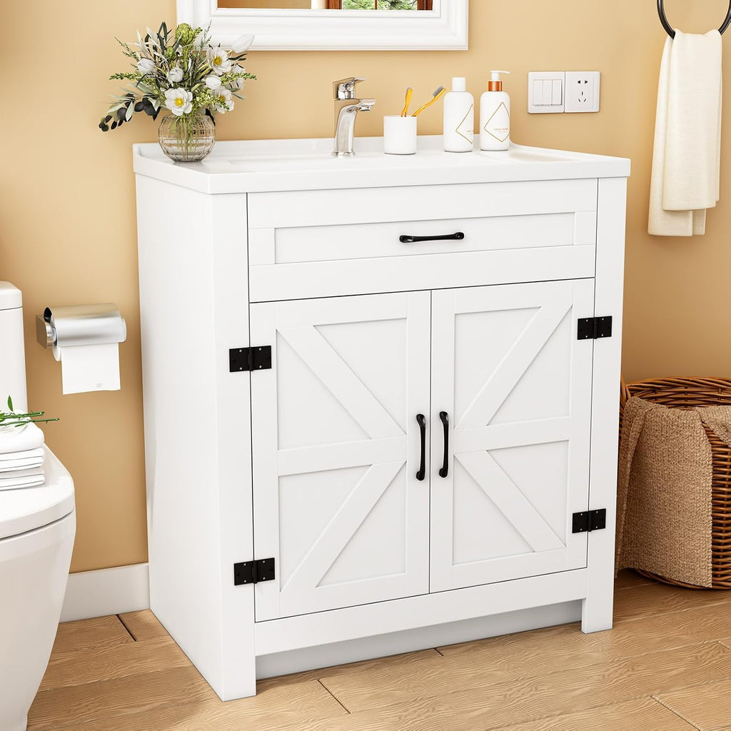 Bathroom Vanity, 24' Bathroom Vanity with Ceramic Sink, Farmhouse Bathroom Vanity Cabinet for Small Space, Freestanding Storage Cabinet with Shelf, 2 Doors, Easy Assembly