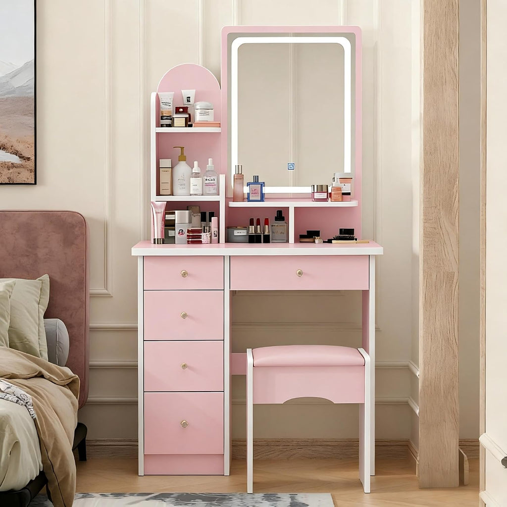 FUFU&GAGA Vanity Set with Rectangular Mirror & Lights, Makeup Vanity Dressing Table with 5 Drawers, Shelves, Dresser Desk and Cushioned Stool Set (Pink/Lighted Mirror)