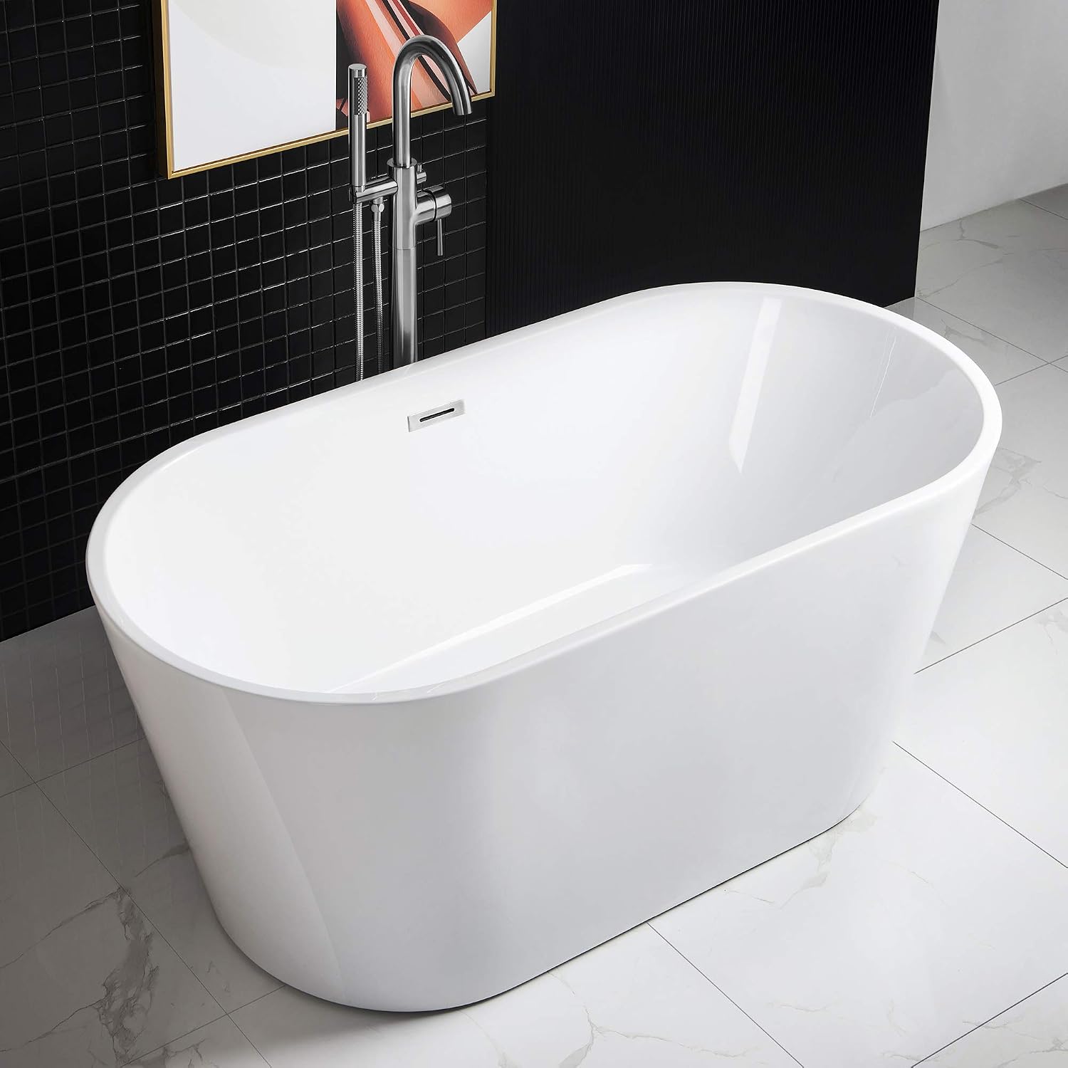 WOODBRIDGE 59' Acrylic Freestanding Bathtub Contemporary Soaking White Tub with Chrome Overflow and Drain,B0014-CH