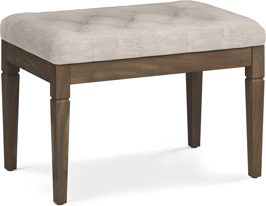 SIMPLIHOME Waverly Small Tufted Ottoman Bench - 28 inch Wide Upholstered Linen Look Fabric Rectangle Footstool Ottoman in Natural, Traditional Bench for Bedroom or Living Room with Carved Legs