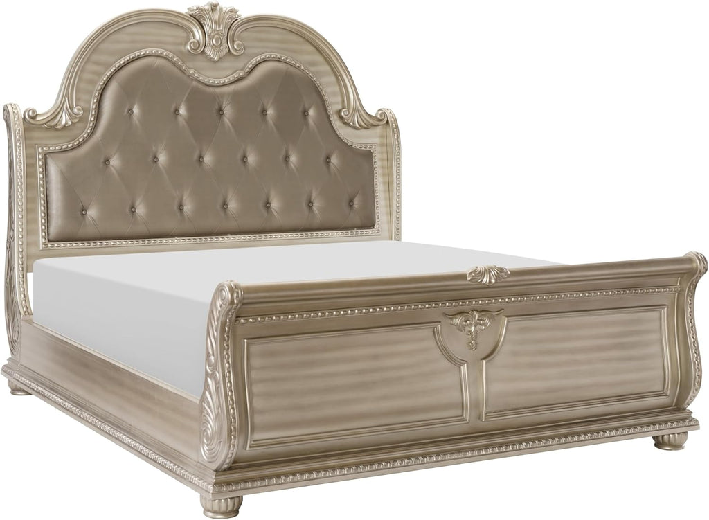 Traditional Classic 4 Pieces California King Size Set Silver Finish Faux Leather Upholstered Bed Classic Design Marble Top Formal Bedroom Furniture