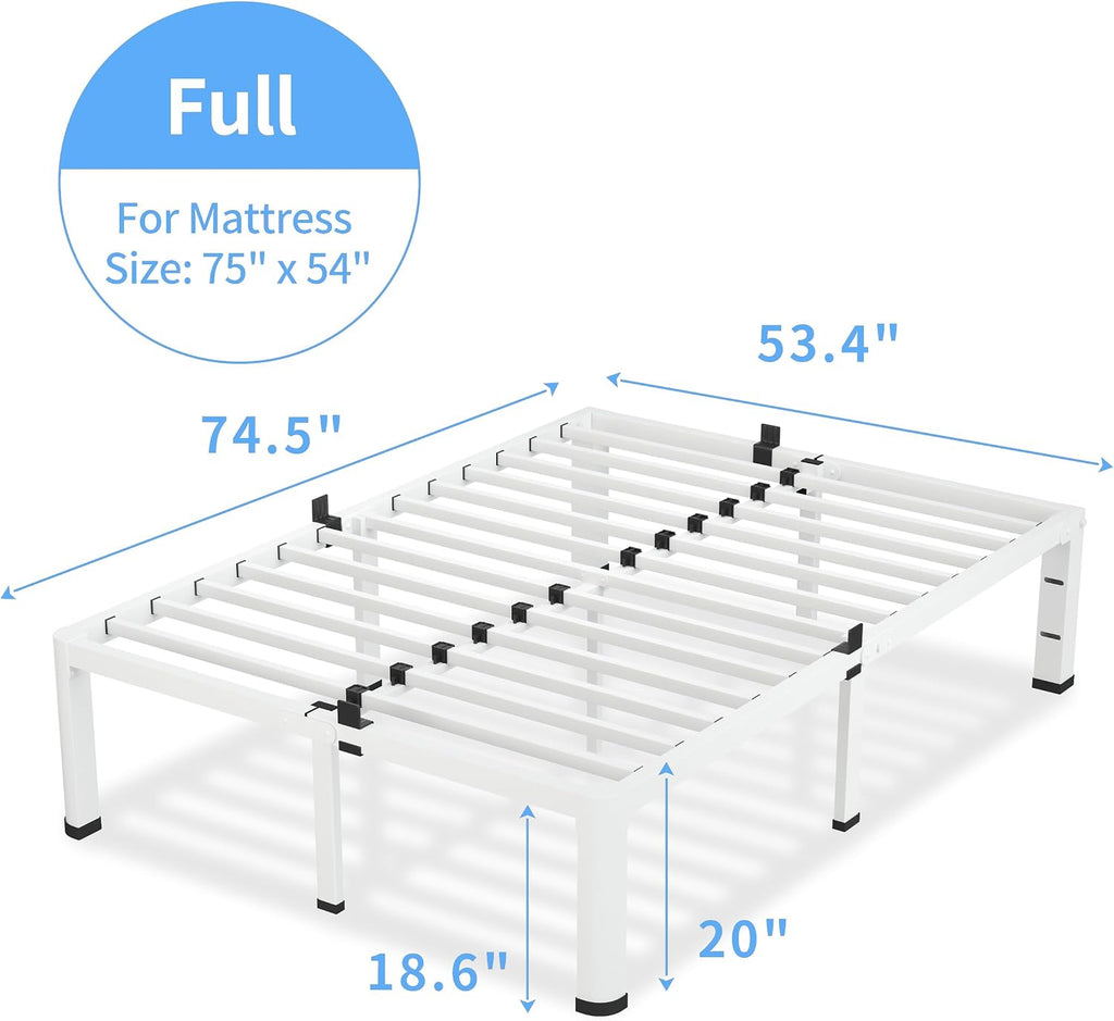 VIPSHOW 18 Inch Full Size White Bed Frame, 3500Lbs Heavy Duty Metal Platform with Round Corner Legs Mattress Slide Stopper, Steel Slat Support No Box Spring Needed, Noise Free, Non-Slip, Easy Assembly