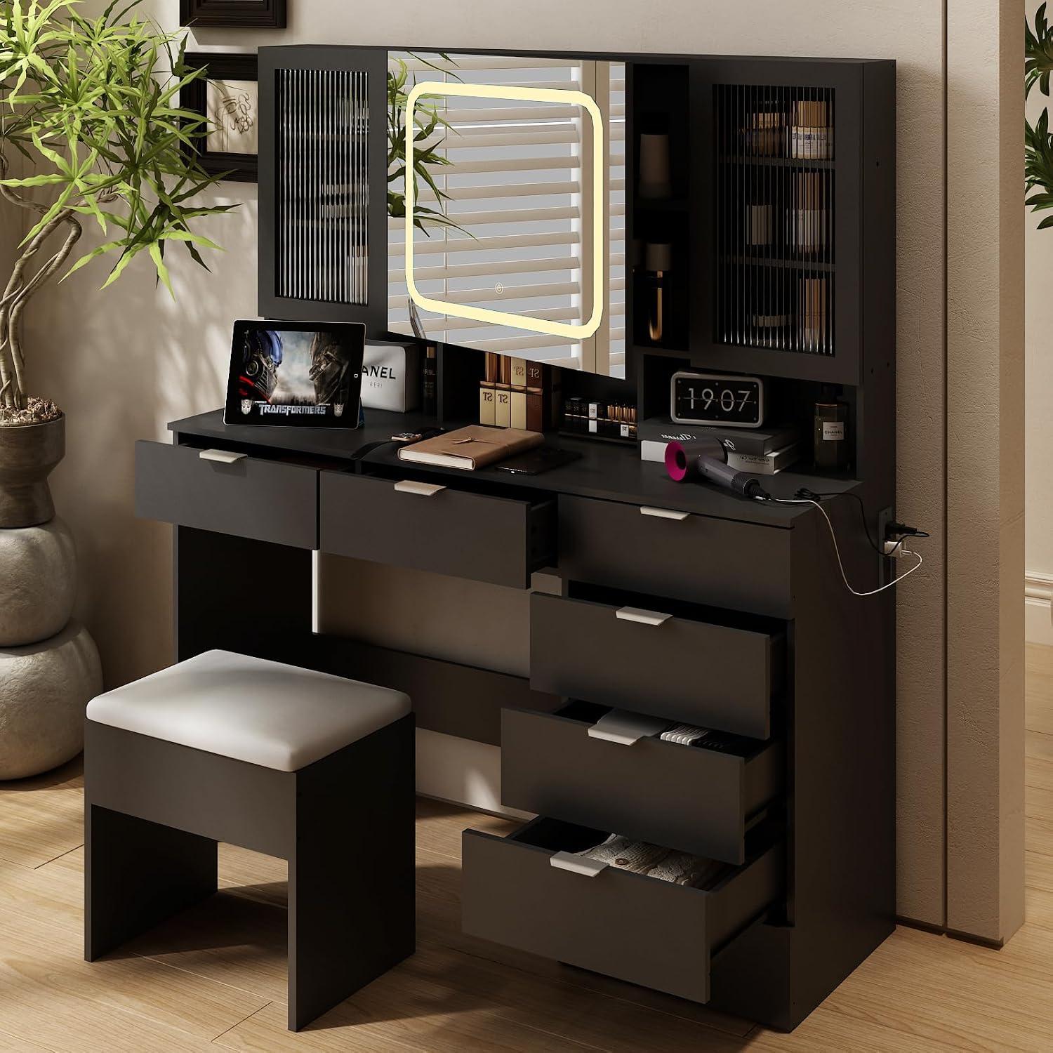 VINGLI Vanity Desk with LED Lighted Mirror & Padded Bench, Makeup Set with 7 Drawers & 2 Clear Glass Cabinets & 1 Hidden Mirror Cabinet & 3 Storeroom & Charging Station for Bedroom, Black
