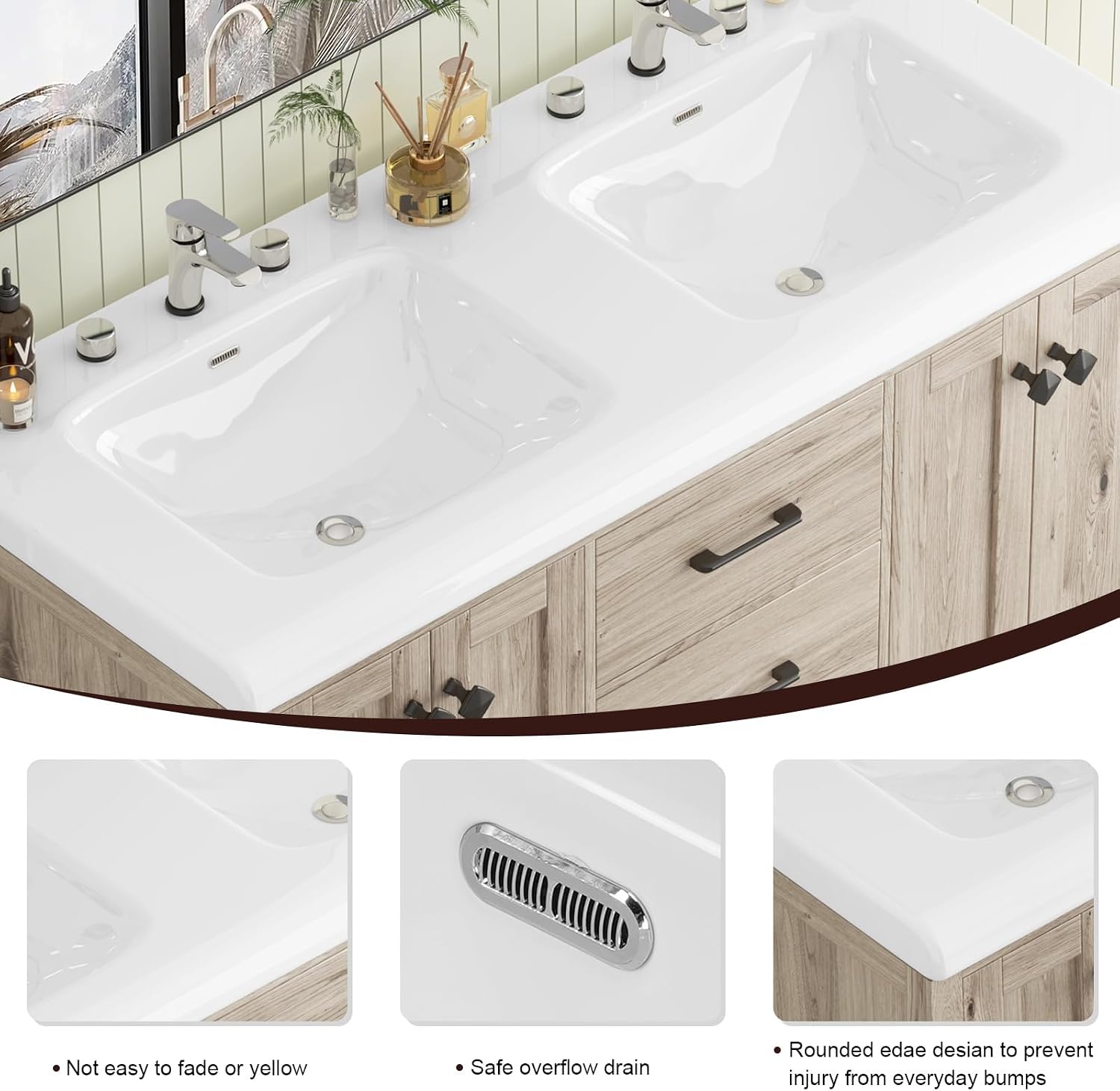Bathroom Vanity with Sink Combo, 48' Modern Bathroom Storage Cabinet with Double Sink Ceramic, 4 Doors and 5 Drawers, Space-Saving Storage Cabinet, Light Gray Wood